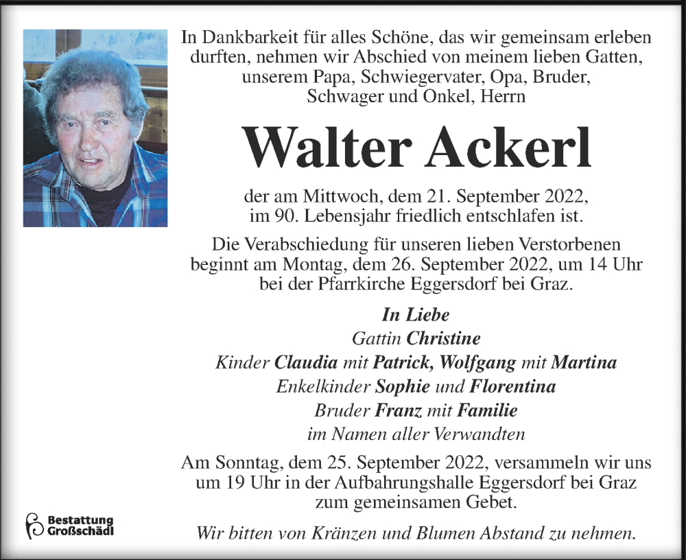  Traueranzeige für Walter Ackerl vom 23.09.2022 aus Kleine Zeitung