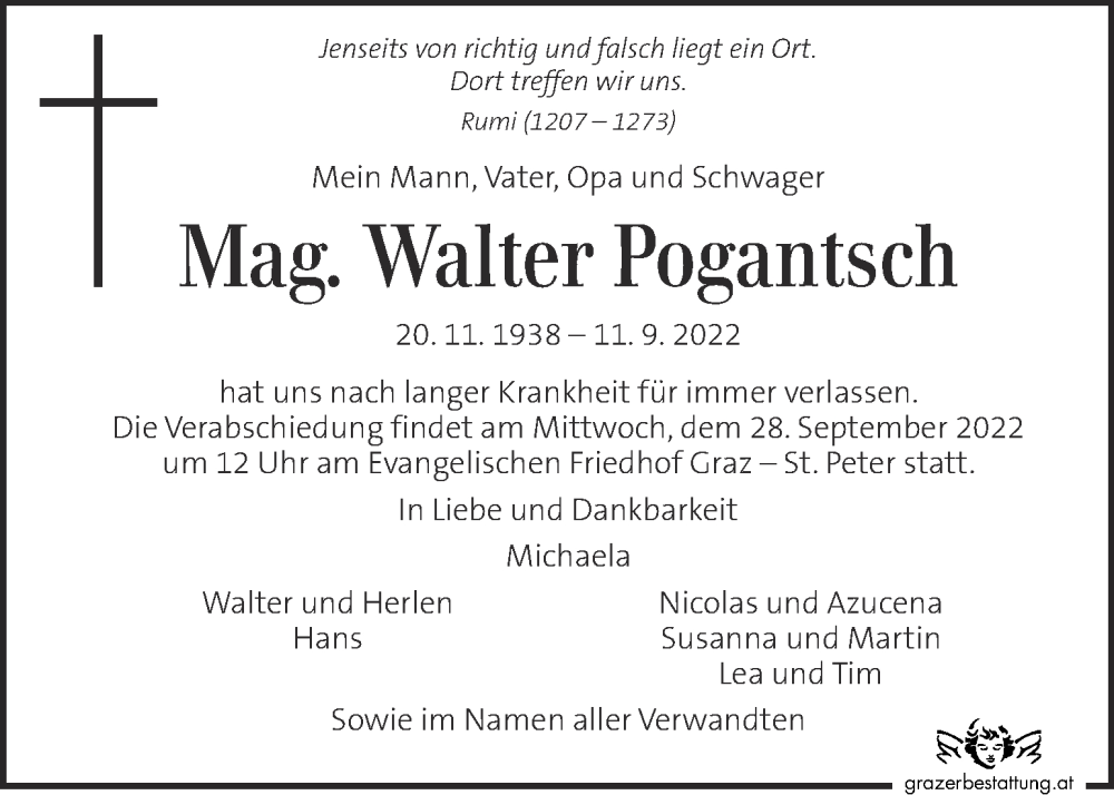  Traueranzeige für Walter Ponatsch vom 22.09.2022 aus Kleine Zeitung