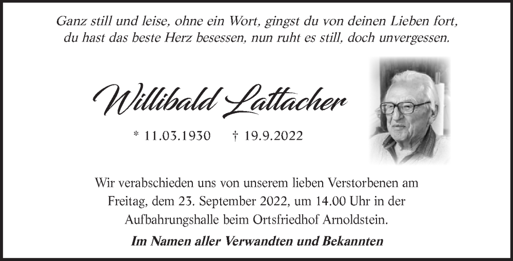  Traueranzeige für Willibald Lattacher vom 22.09.2022 aus Kleine Zeitung
