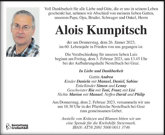 Traueranzeige von Alois Kumpitsch von Kleine Zeitung