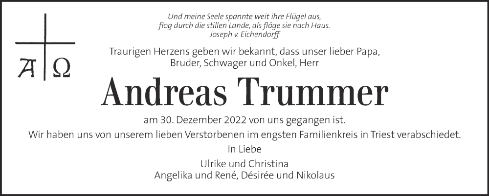  Traueranzeige für Andreas Trummer vom 14.01.2023 aus Kleine Zeitung