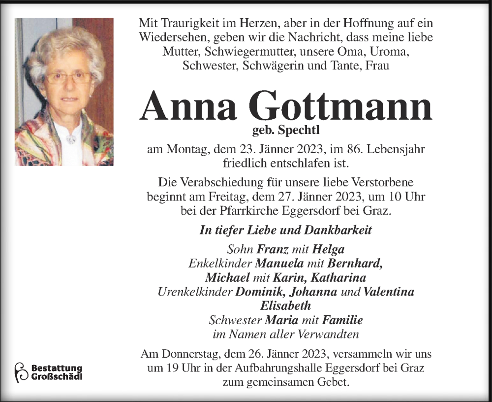  Traueranzeige für Anna Gottmann  vom 24.01.2023 aus Kleine Zeitung