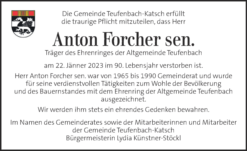  Traueranzeige für Anton Forcher vom 25.01.2023 aus Kleine Zeitung