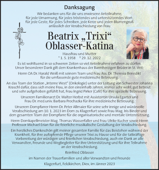 Traueranzeige von Beatrix Oblasser-Katina von Kleine Zeitung