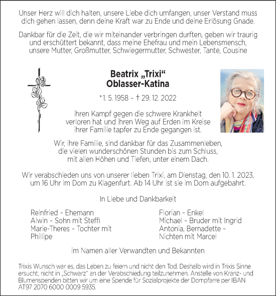 Traueranzeige von Beatrix Oblasser-Katina von Kleine Zeitung