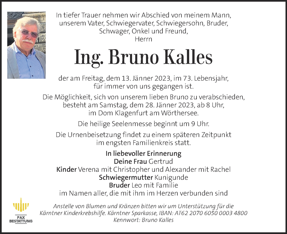  Traueranzeige für Bruno Kalles vom 24.01.2023 aus Kleine Zeitung