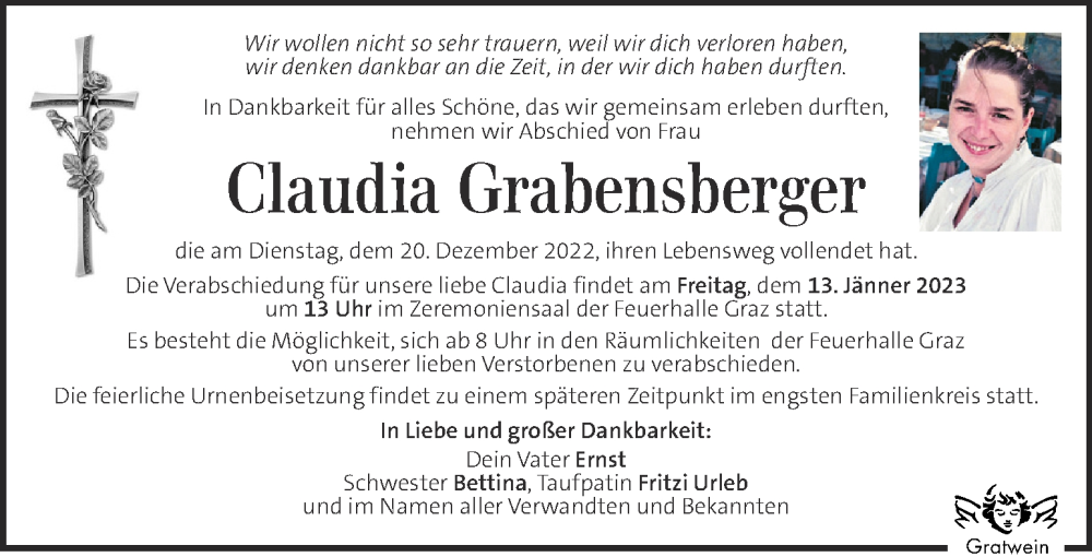  Traueranzeige für Claudia Grabensberger vom 10.01.2023 aus Kleine Zeitung