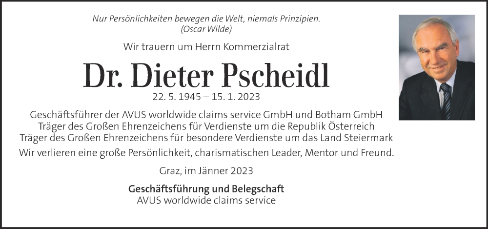  Traueranzeige für Dieter Pscheidl vom 31.01.2023 aus Kleine Zeitung