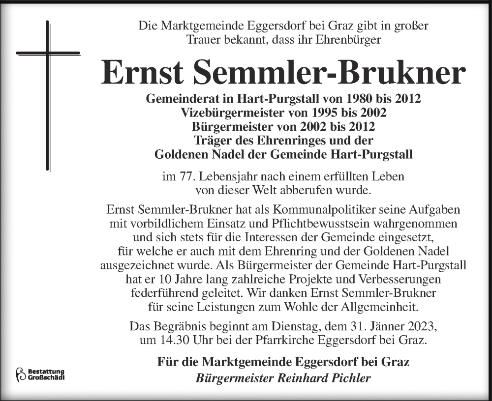  Traueranzeige für Ernst Semmler-Brukner vom 26.01.2023 aus Kleine Zeitung