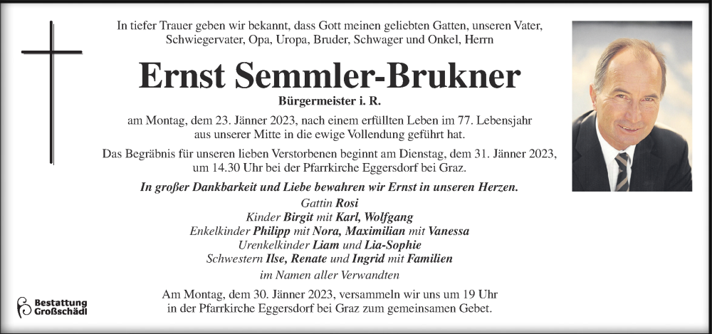  Traueranzeige für Ernst Semmler-Brukner vom 25.01.2023 aus Kleine Zeitung