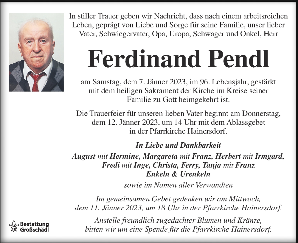 Traueranzeigen Von Ferdinand Pendl | Trauer.kleinezeitung.at