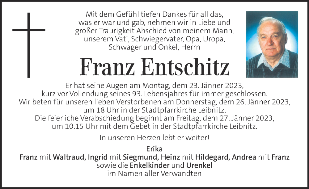  Traueranzeige für Franz Entschitz vom 25.01.2023 aus Kleine Zeitung
