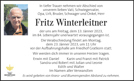 Traueranzeige von Fritz Winterleitner von Kleine Zeitung