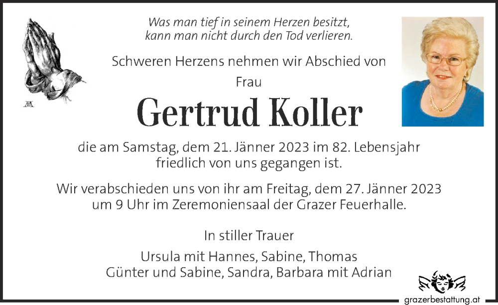  Traueranzeige für Gertrud Koller vom 25.01.2023 aus Kleine Zeitung