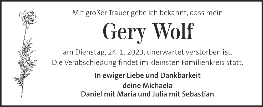  Traueranzeige für Gery Wolf vom 27.01.2023 aus Kleine Zeitung