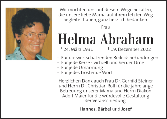 Traueranzeige von Helma Abraham von Kleine Zeitung
