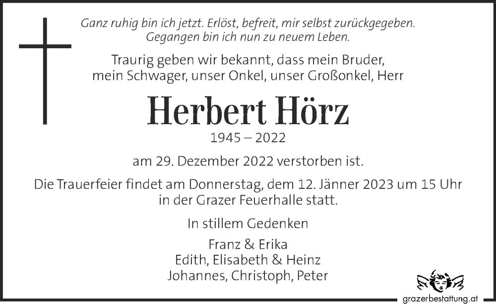  Traueranzeige für Herbert Hörz vom 06.01.2023 aus Kleine Zeitung