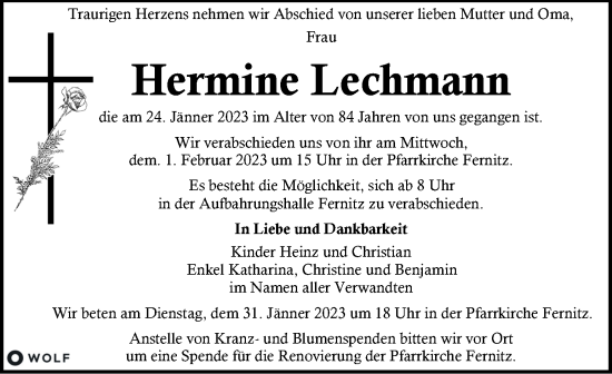 Traueranzeige von Hermine Lechmann von Kleine Zeitung
