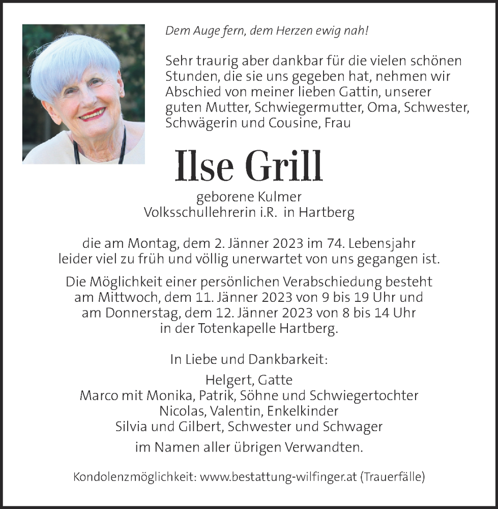 Traueranzeigen von Ilse Grill | trauer.kleinezeitung.at