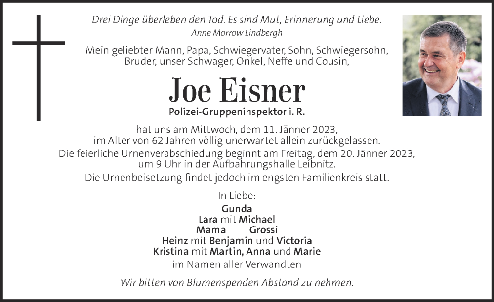  Traueranzeige für Joe Eisner vom 15.01.2023 aus Kleine Zeitung