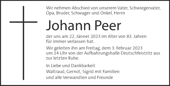 Traueranzeige von Johann Peer von Kleine Zeitung