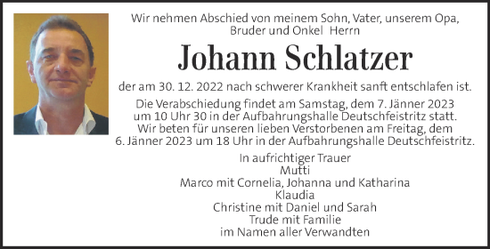 Traueranzeige von Johann Schlatzer von Kleine Zeitung