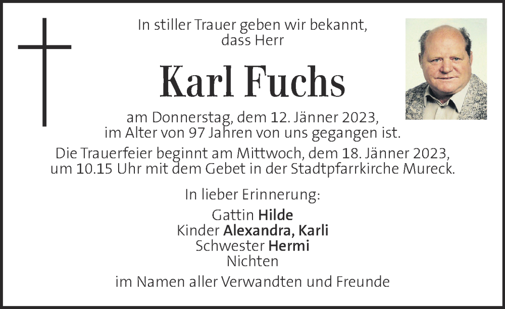  Traueranzeige für Karl Fuchs vom 15.01.2023 aus Kleine Zeitung