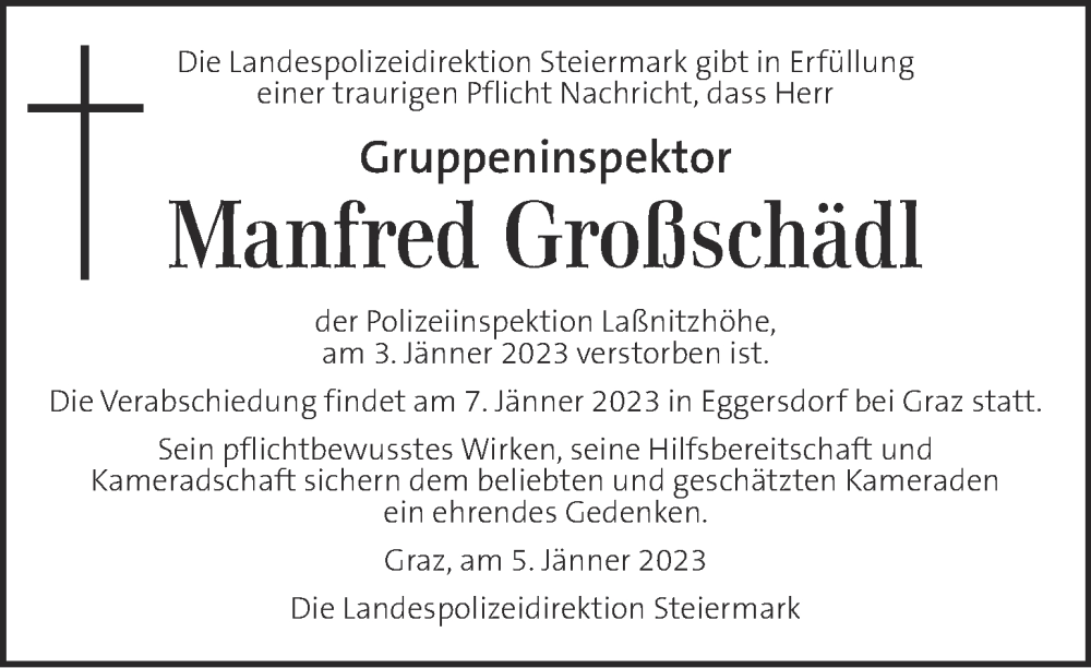  Traueranzeige für Manfred Großschädl vom 06.01.2023 aus Kleine Zeitung