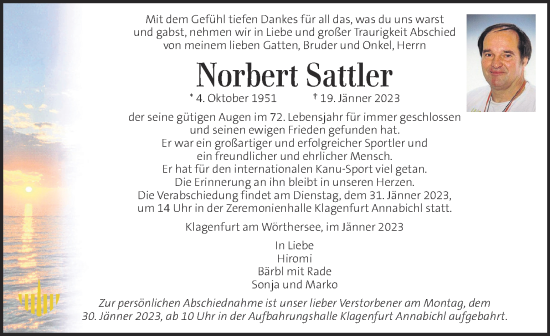 Traueranzeige von Norbert Sattler von Kleine Zeitung