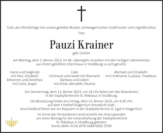 Traueranzeige von Pauzi Krainer von Kleine Zeitung