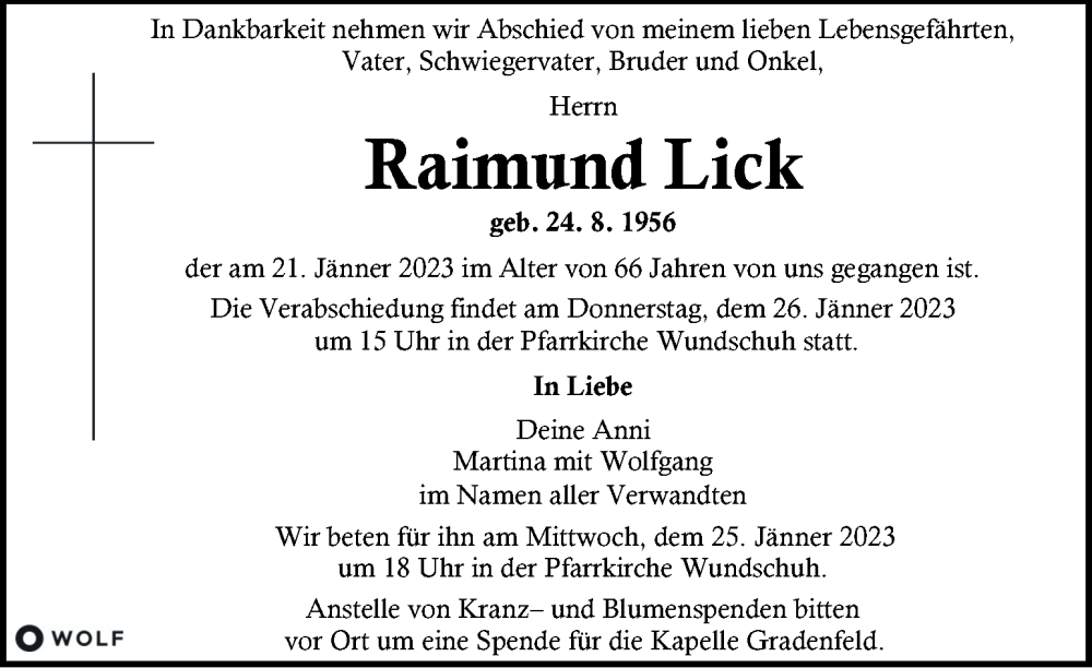  Traueranzeige für Raimund Lick vom 25.01.2023 aus Kleine Zeitung