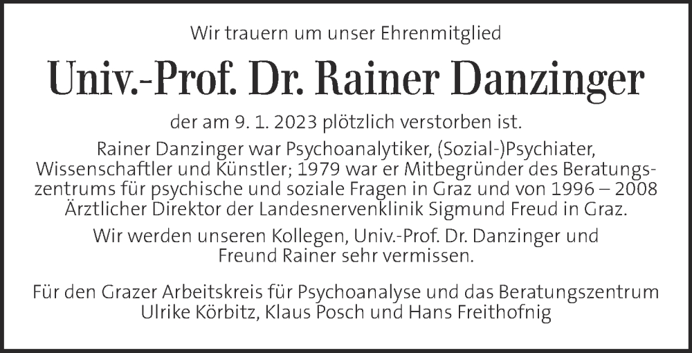  Traueranzeige für Rainer Danzinger vom 21.01.2023 aus Kleine Zeitung