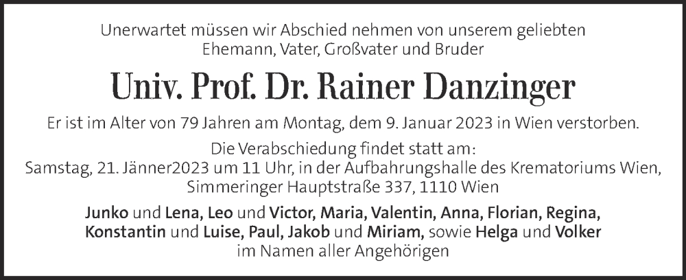  Traueranzeige für Rainer Danzinger vom 19.01.2023 aus Kleine Zeitung