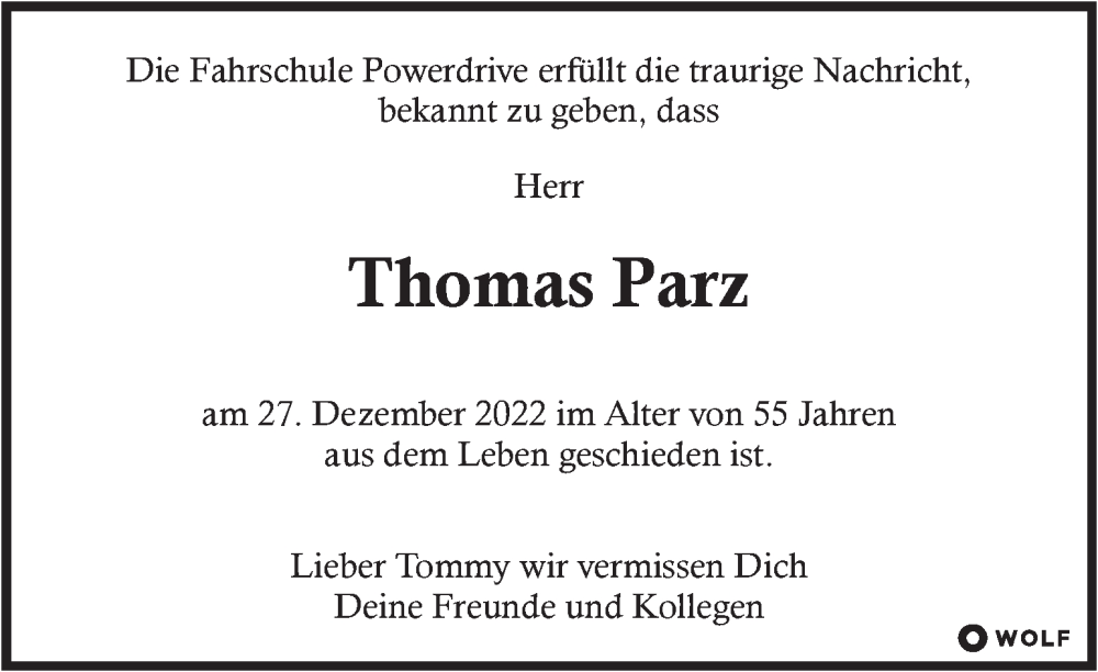  Traueranzeige für Thomas Parz vom 04.01.2023 aus Kleine Zeitung