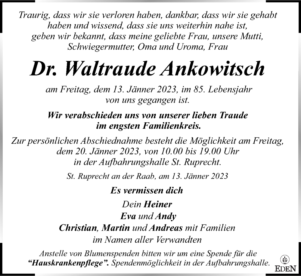  Traueranzeige für Waltraude Ankowitsch vom 18.01.2023 aus Kleine Zeitung