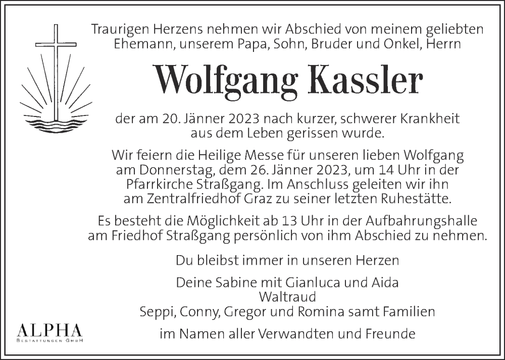  Traueranzeige für Wolfgang Kassler vom 24.01.2023 aus Kleine Zeitung