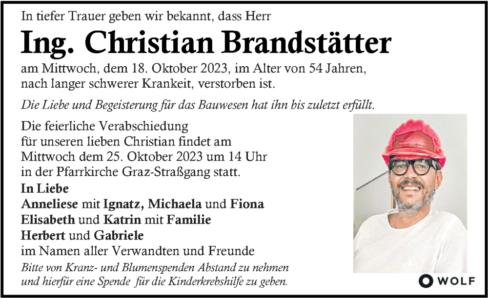  Traueranzeige für Christian Brandstätter vom 20.10.2023 aus Kleine Zeitung