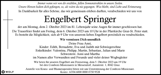 Traueranzeige von Engelbert Springer von Kleine Zeitung