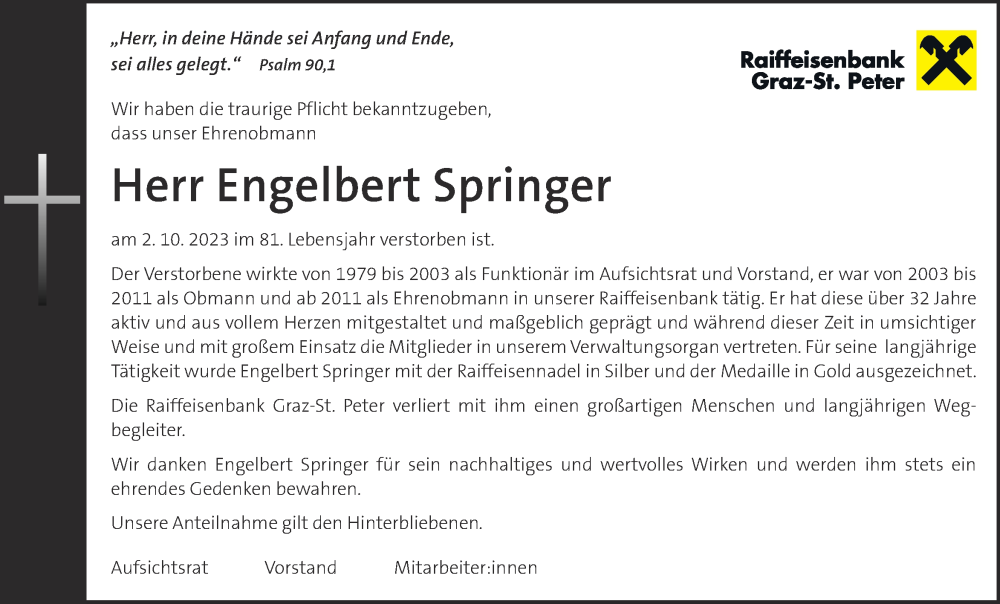 Traueranzeige für Engelbert Springer vom 05.10.2023 aus Kleine Zeitung