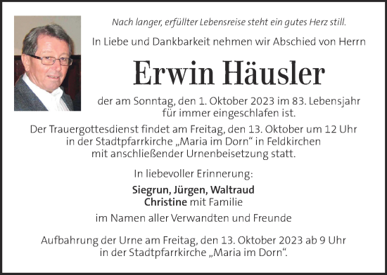 Traueranzeige von Erwin Häusler von Kleine Zeitung