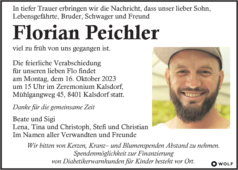  Traueranzeige für Florian Peichler vom 11.10.2023 aus Kleine Zeitung