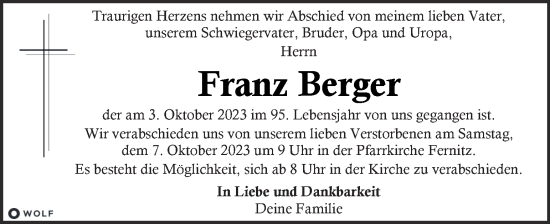 Traueranzeige von Franz Berger von Kleine Zeitung