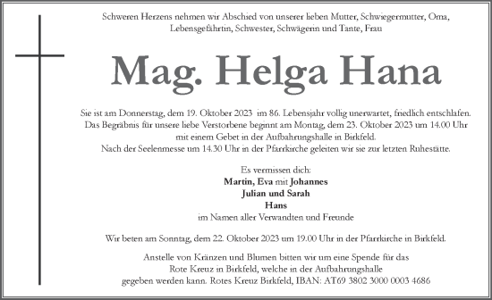 Traueranzeige von Helga Hana von Kleine Zeitung