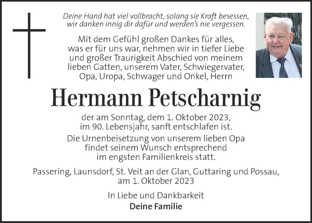  Traueranzeige für Hermann Petscharnig vom 04.10.2023 aus Kleine Zeitung
