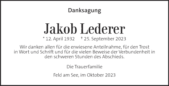 Traueranzeige von Jakob Lederer von Kleine Zeitung