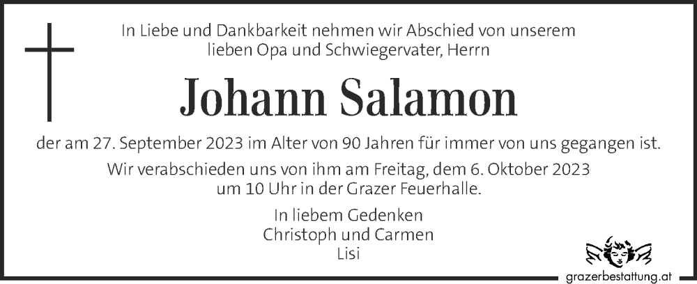  Traueranzeige für Johann Salamon vom 04.10.2023 aus Kleine Zeitung