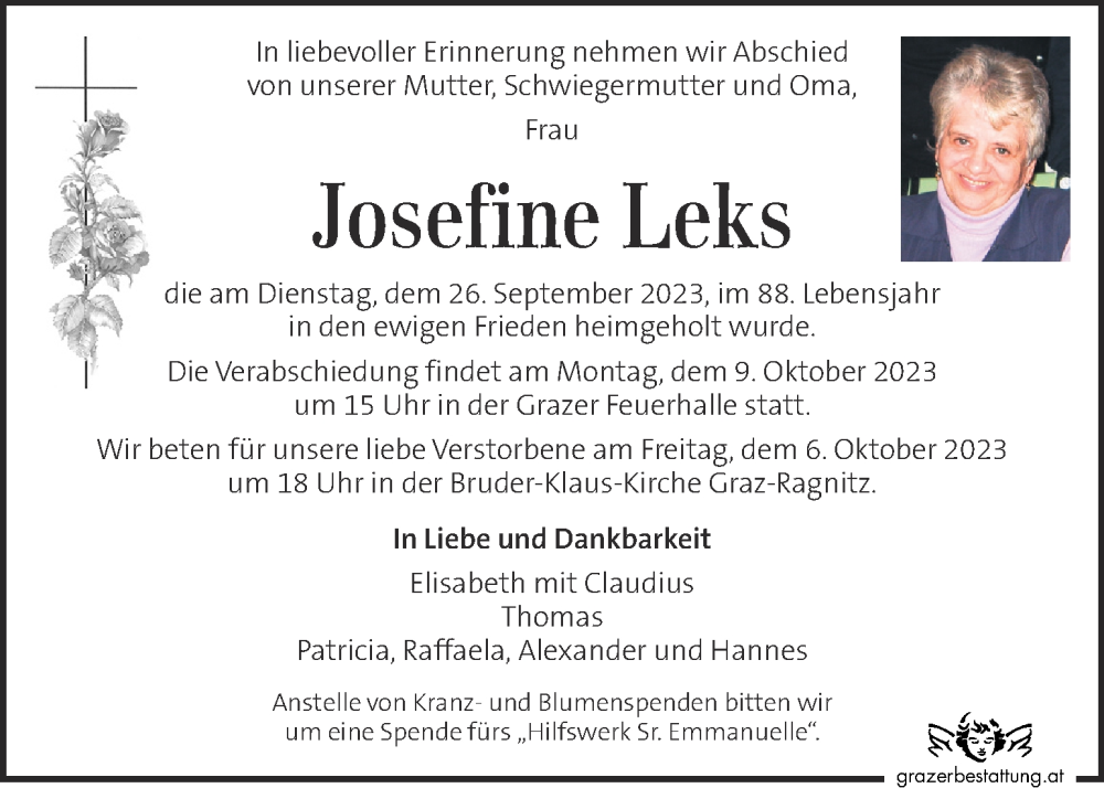  Traueranzeige für Josefine Leks vom 04.10.2023 aus Kleine Zeitung
