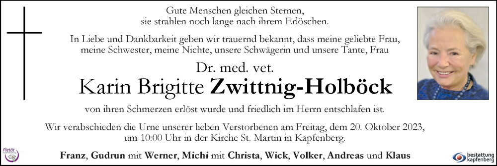  Traueranzeige für Karin Brigitte Zwittnig-Holböck vom 04.10.2023 aus Kleine Zeitung