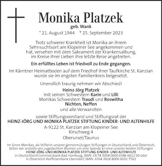 Traueranzeige von Monika Platzek von Kleine Zeitung