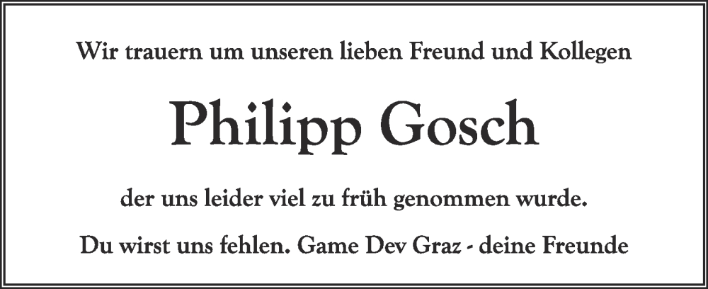  Traueranzeige für Philipp Gosch vom 13.10.2023 aus Kleine Zeitung